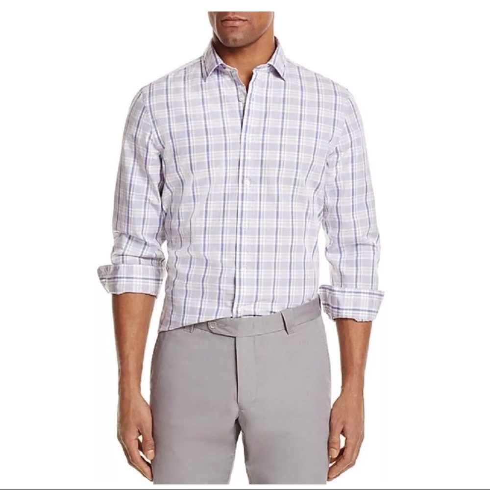 New men’s Bloomingdales Blue olive plaid shirt